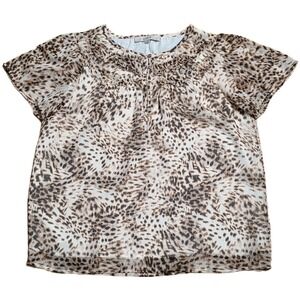 LOFT Leopard Print Short Sleeve Blouse Women's Size M ‎ Ruffle Neck Button Front